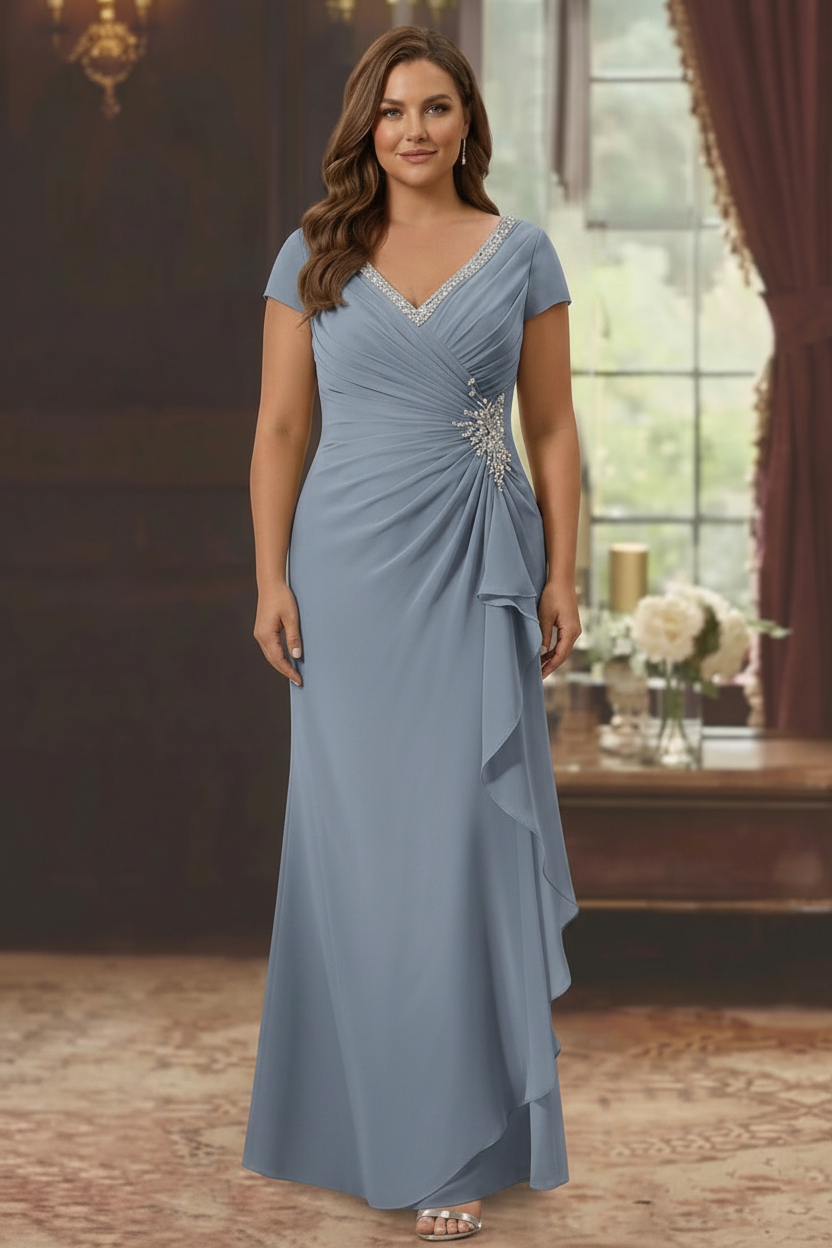 Sheath/Column V-Neck Short Sleeves Floor-Length Plus Size Mother of the Bride Dresses With Ruffles & Appliques