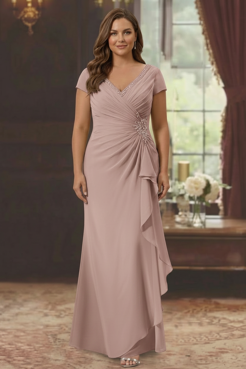 Sheath/Column V-Neck Short Sleeves Floor-Length Plus Size Mother of the Bride Dresses With Ruffles & Appliques