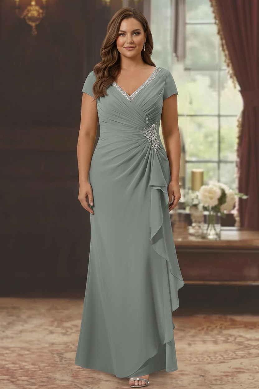 Sheath/Column V-Neck Short Sleeves Floor-Length Plus Size Mother of the Bride Dresses With Ruffles & Appliques