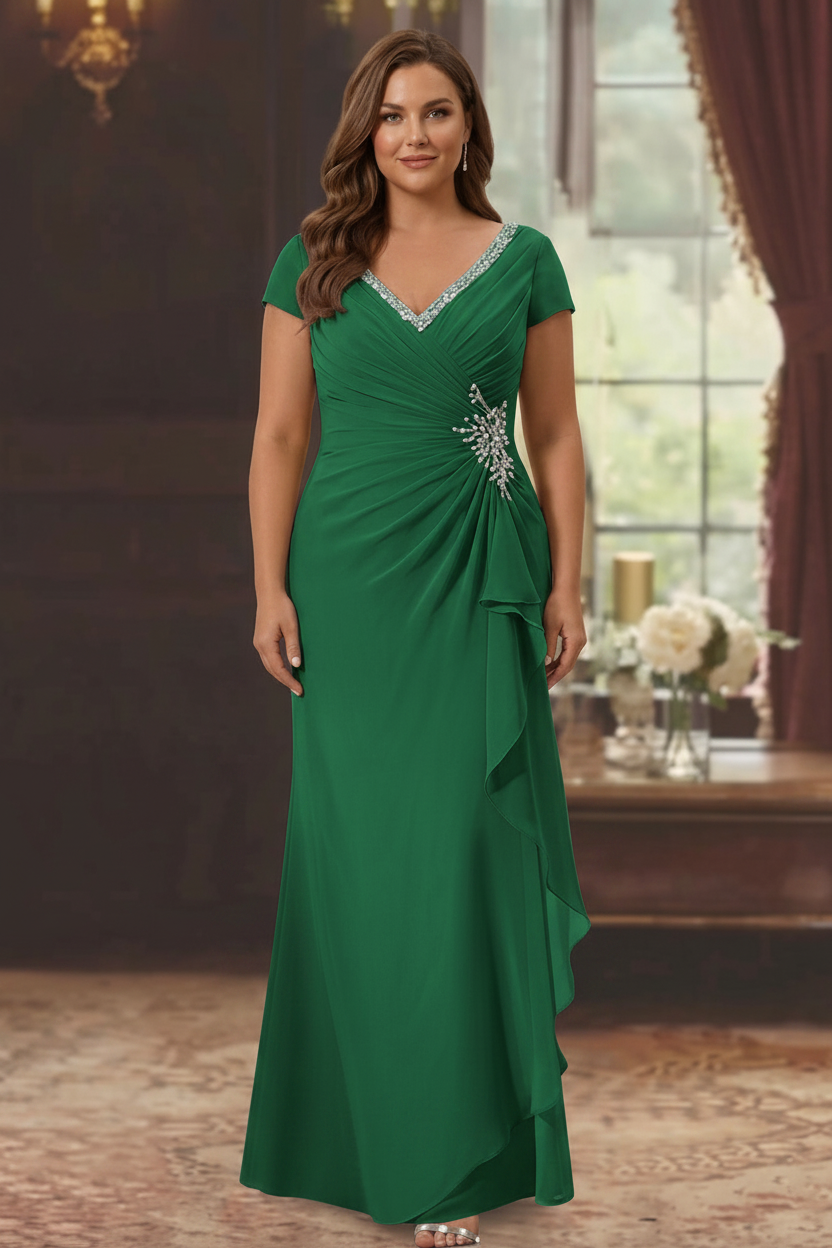 Sheath/Column V-Neck Short Sleeves Floor-Length Plus Size Mother of the Bride Dresses With Ruffles & Appliques