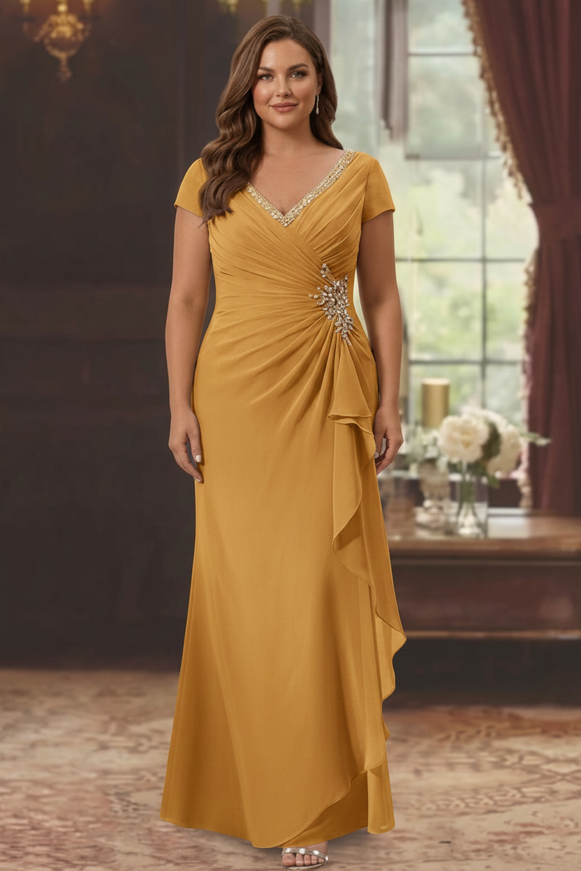 Sheath/Column V-Neck Short Sleeves Floor-Length Plus Size Mother of the Bride Dresses With Ruffles & Appliques