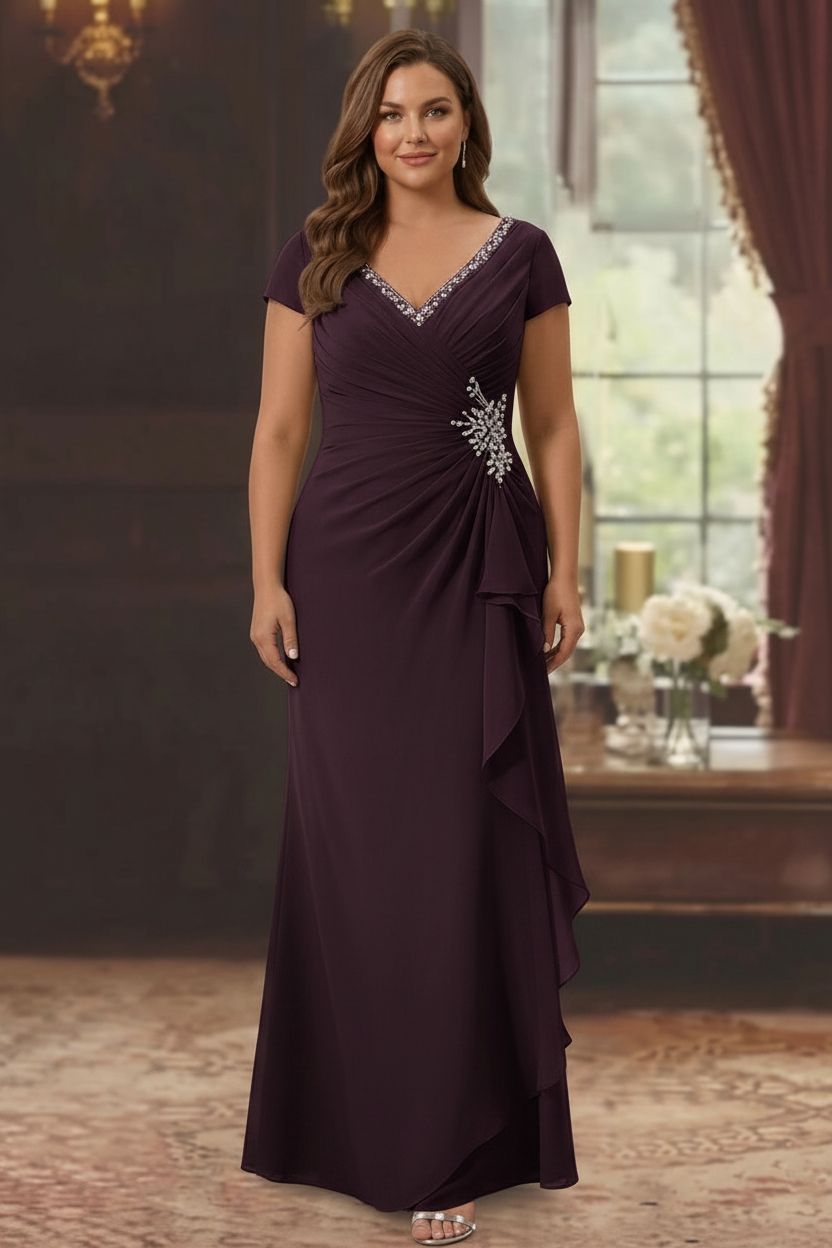 Sheath/Column V-Neck Short Sleeves Floor-Length Plus Size Mother of the Bride Dresses With Ruffles & Appliques
