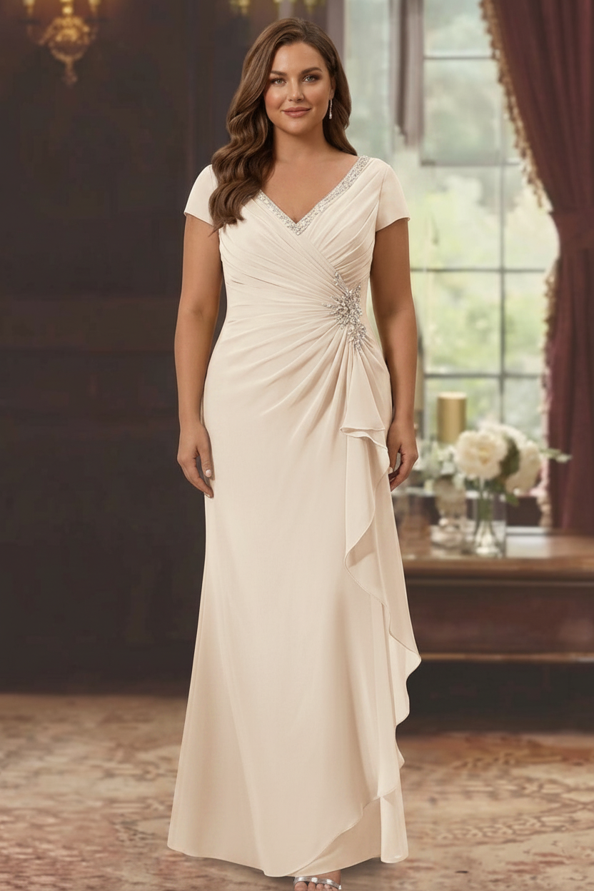 Sheath/Column V-Neck Short Sleeves Floor-Length Plus Size Mother of the Bride Dresses With Ruffles & Appliques