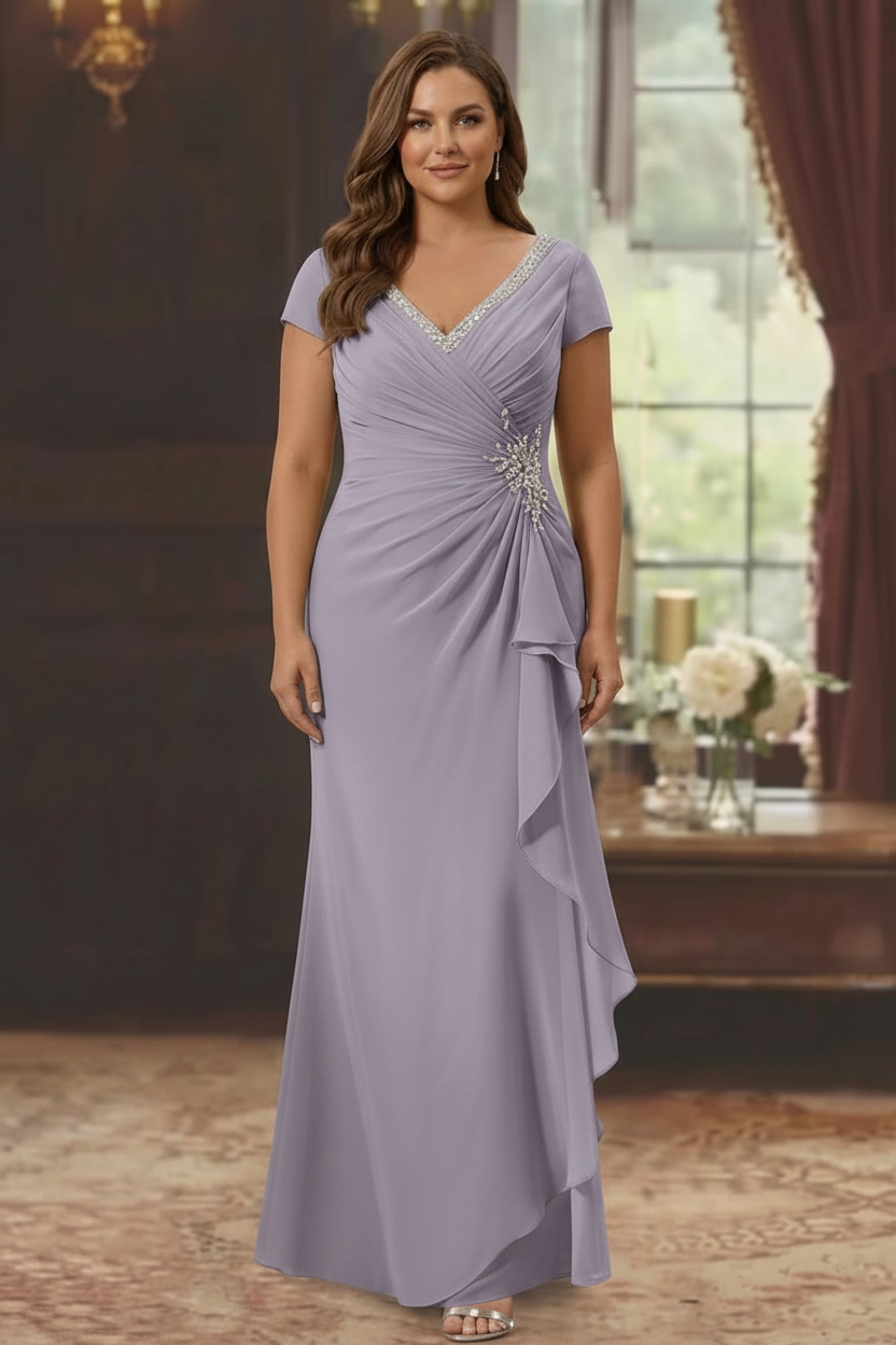 Sheath/Column V-Neck Short Sleeves Floor-Length Plus Size Mother of the Bride Dresses With Ruffles & Appliques