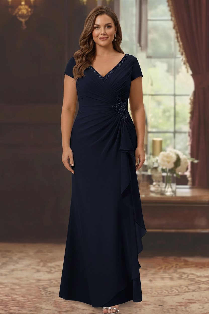 Sheath/Column V-Neck Short Sleeves Floor-Length Plus Size Mother of the Bride Dresses With Ruffles & Appliques