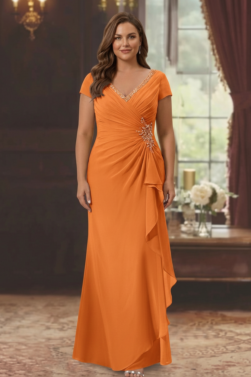 Sheath/Column V-Neck Short Sleeves Floor-Length Plus Size Mother of the Bride Dresses With Ruffles & Appliques