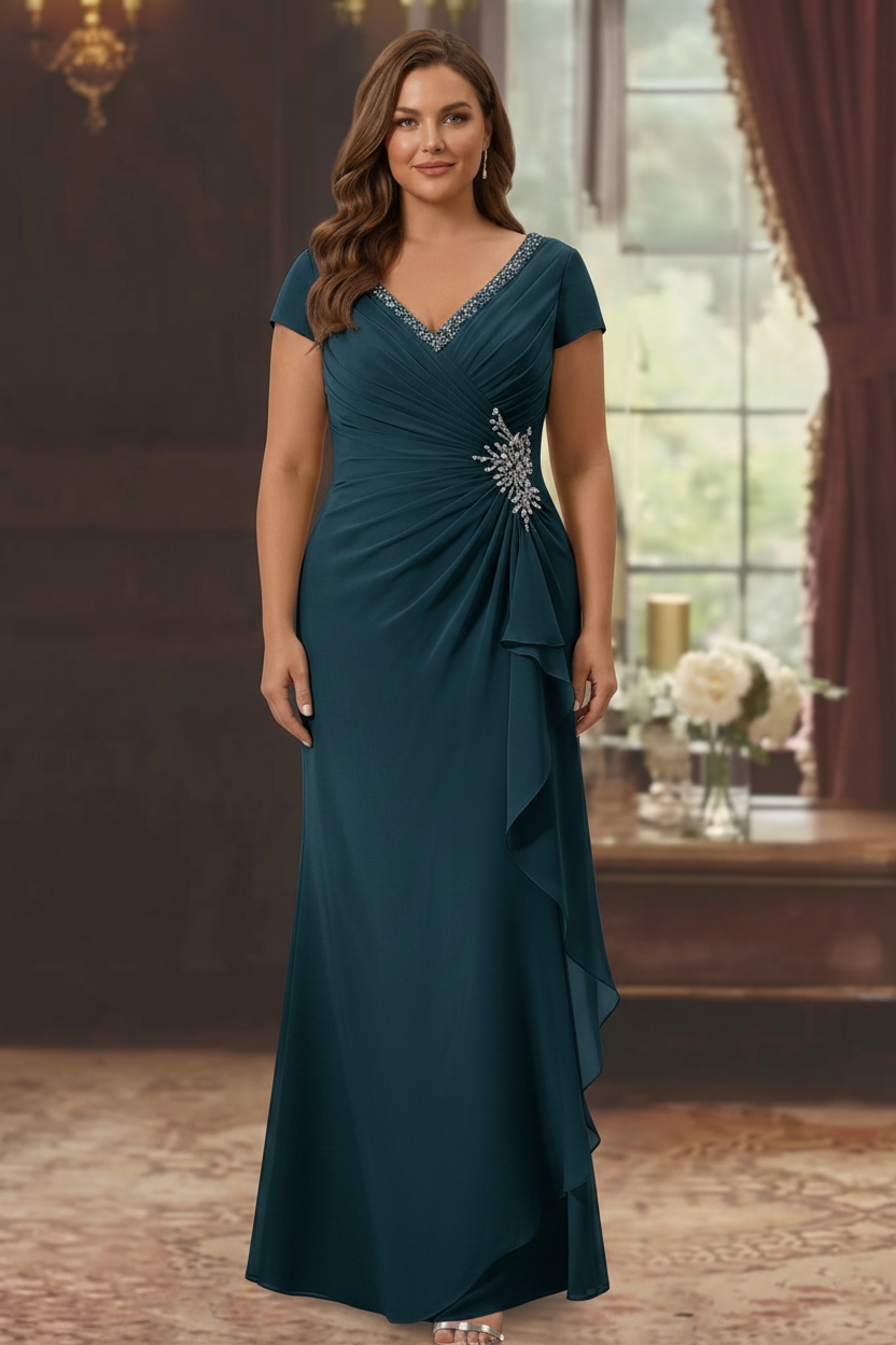 Sheath/Column V-Neck Short Sleeves Floor-Length Plus Size Mother of the Bride Dresses With Ruffles & Appliques