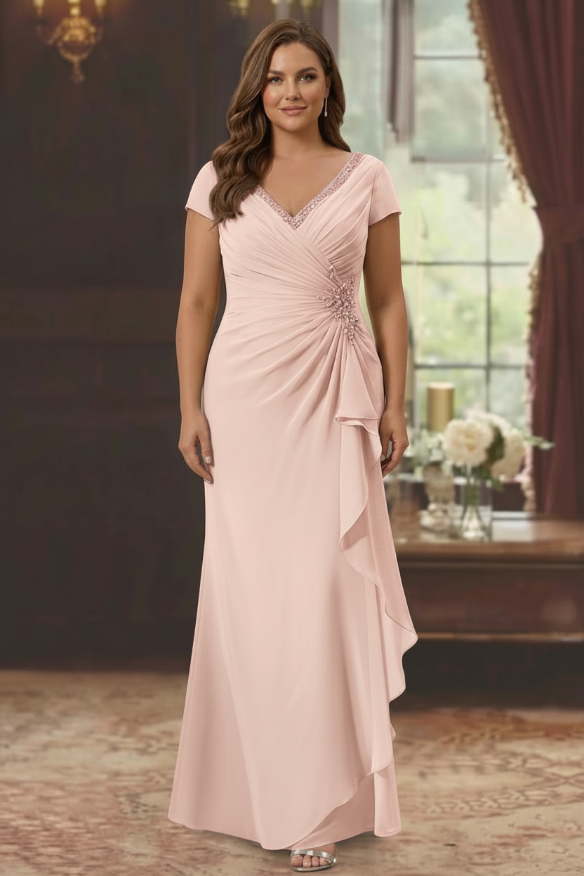 Sheath/Column V-Neck Short Sleeves Floor-Length Plus Size Mother of the Bride Dresses With Ruffles & Appliques