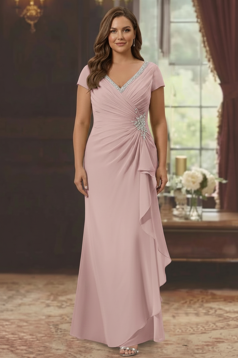 Sheath/Column V-Neck Short Sleeves Floor-Length Plus Size Mother of the Bride Dresses With Ruffles & Appliques