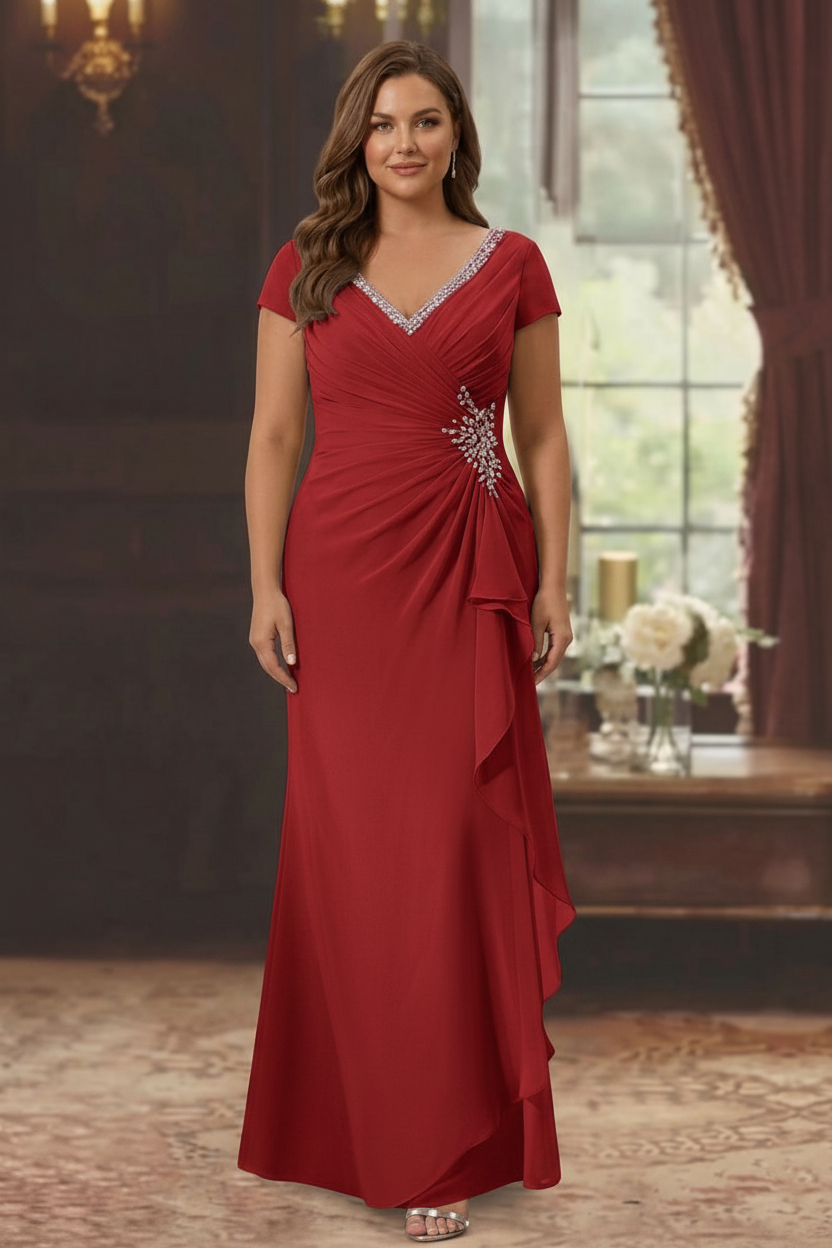 Sheath/Column V-Neck Short Sleeves Floor-Length Plus Size Mother of the Bride Dresses With Ruffles & Appliques