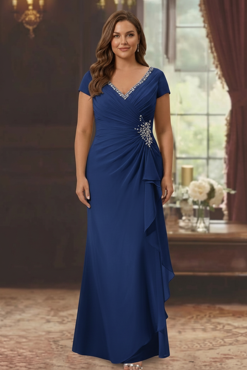 Sheath/Column V-Neck Short Sleeves Floor-Length Plus Size Mother of the Bride Dresses With Ruffles & Appliques