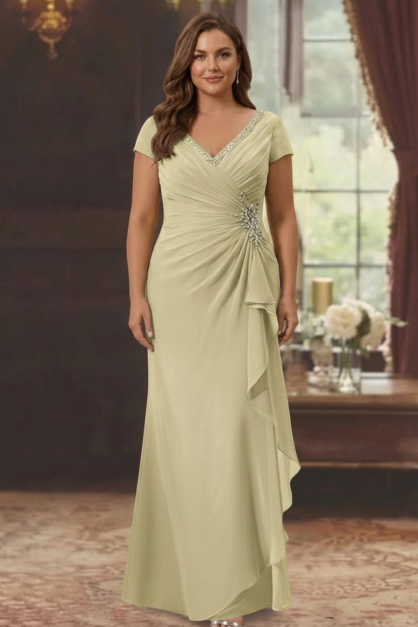 Sheath/Column V-Neck Short Sleeves Floor-Length Plus Size Mother of the Bride Dresses With Ruffles & Appliques