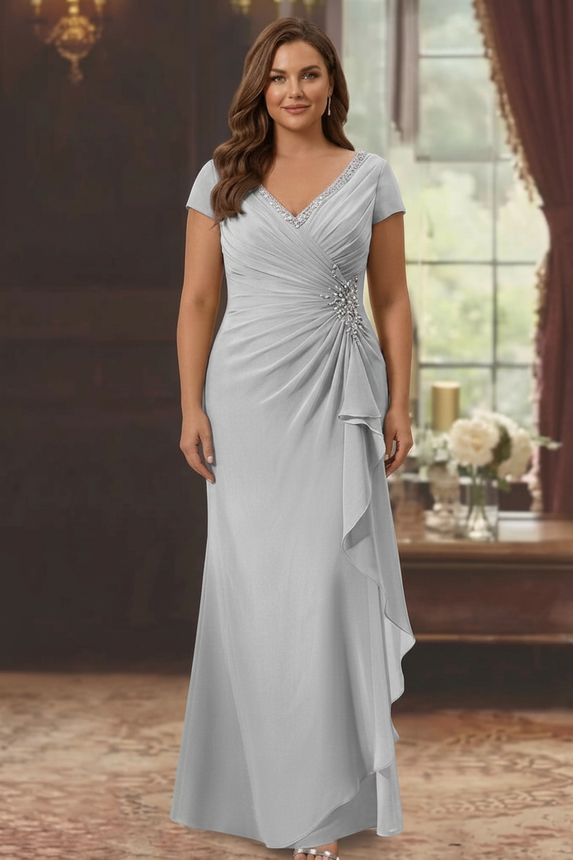 Sheath/Column V-Neck Short Sleeves Floor-Length Plus Size Mother of the Bride Dresses With Ruffles & Appliques