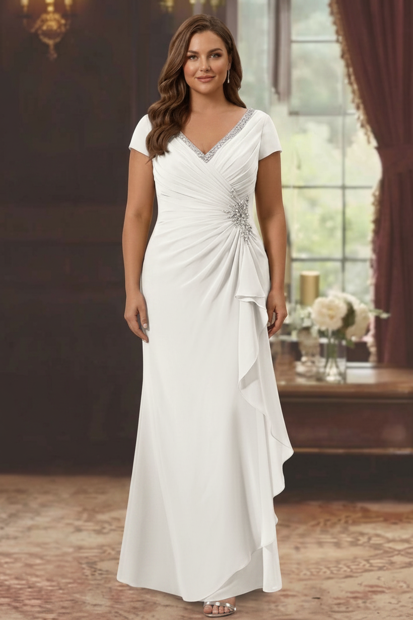 Sheath/Column V-Neck Short Sleeves Floor-Length Plus Size Mother of the Bride Dresses With Ruffles & Appliques