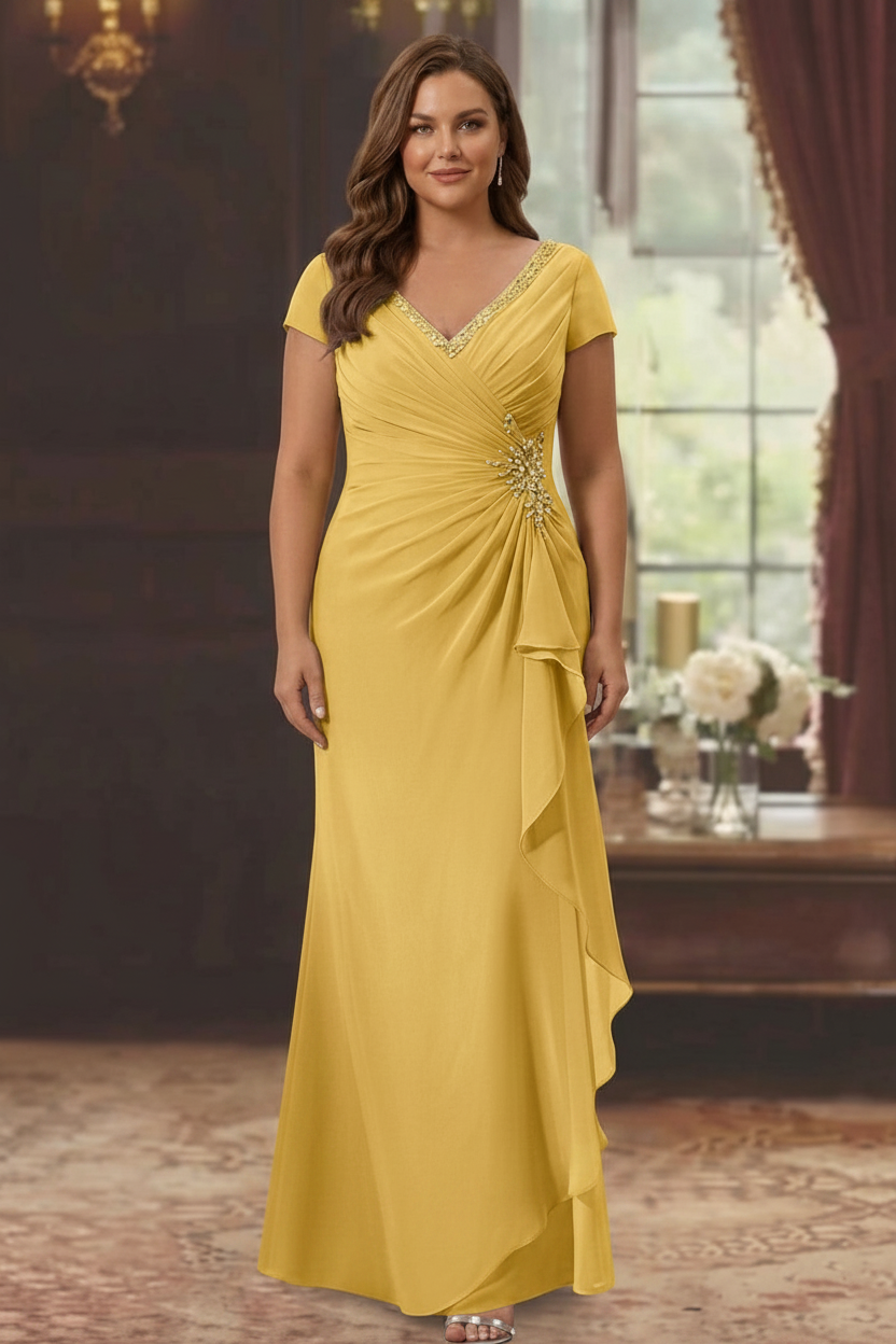 Sheath/Column V-Neck Short Sleeves Floor-Length Plus Size Mother of the Bride Dresses With Ruffles & Appliques