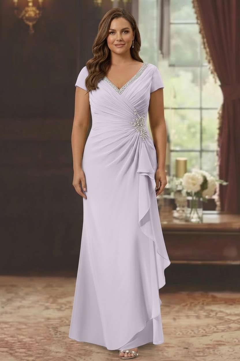 Sheath/Column V-Neck Short Sleeves Floor-Length Plus Size Mother of the Bride Dresses With Ruffles & Appliques