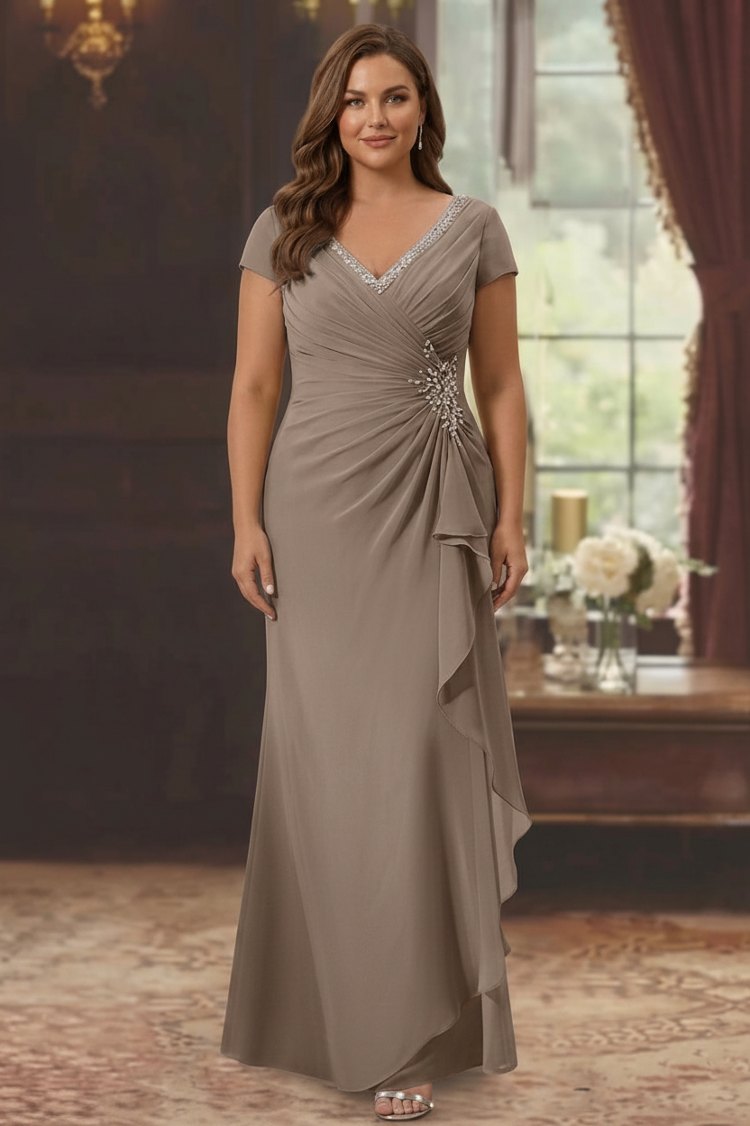 Sheath/Column V-Neck Short Sleeves Floor-Length Plus Size Mother of the Bride Dresses With Ruffles & Appliques