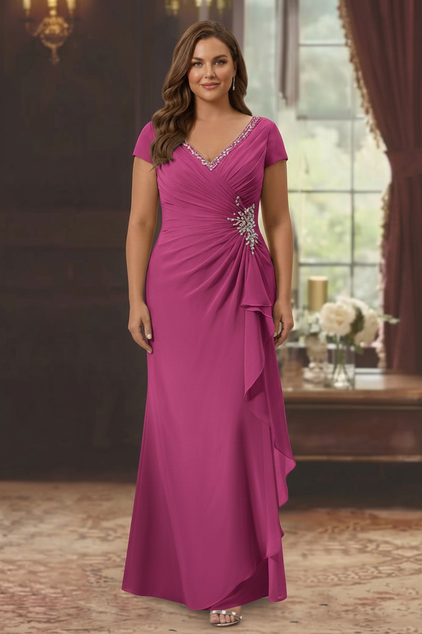 Sheath/Column V-Neck Short Sleeves Floor-Length Plus Size Mother of the Bride Dresses With Ruffles & Appliques