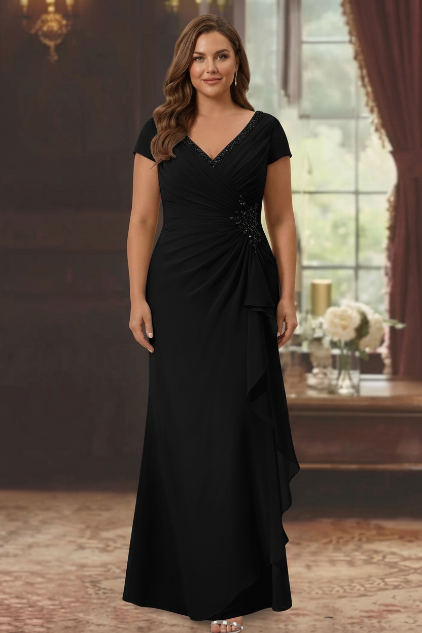 Sheath/Column V-Neck Short Sleeves Floor-Length Plus Size Mother of the Bride Dresses With Ruffles & Appliques