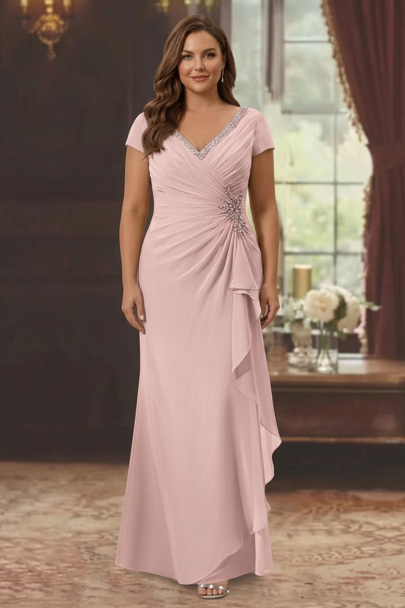 Sheath/Column V-Neck Short Sleeves Floor-Length Plus Size Mother of the Bride Dresses With Ruffles & Appliques