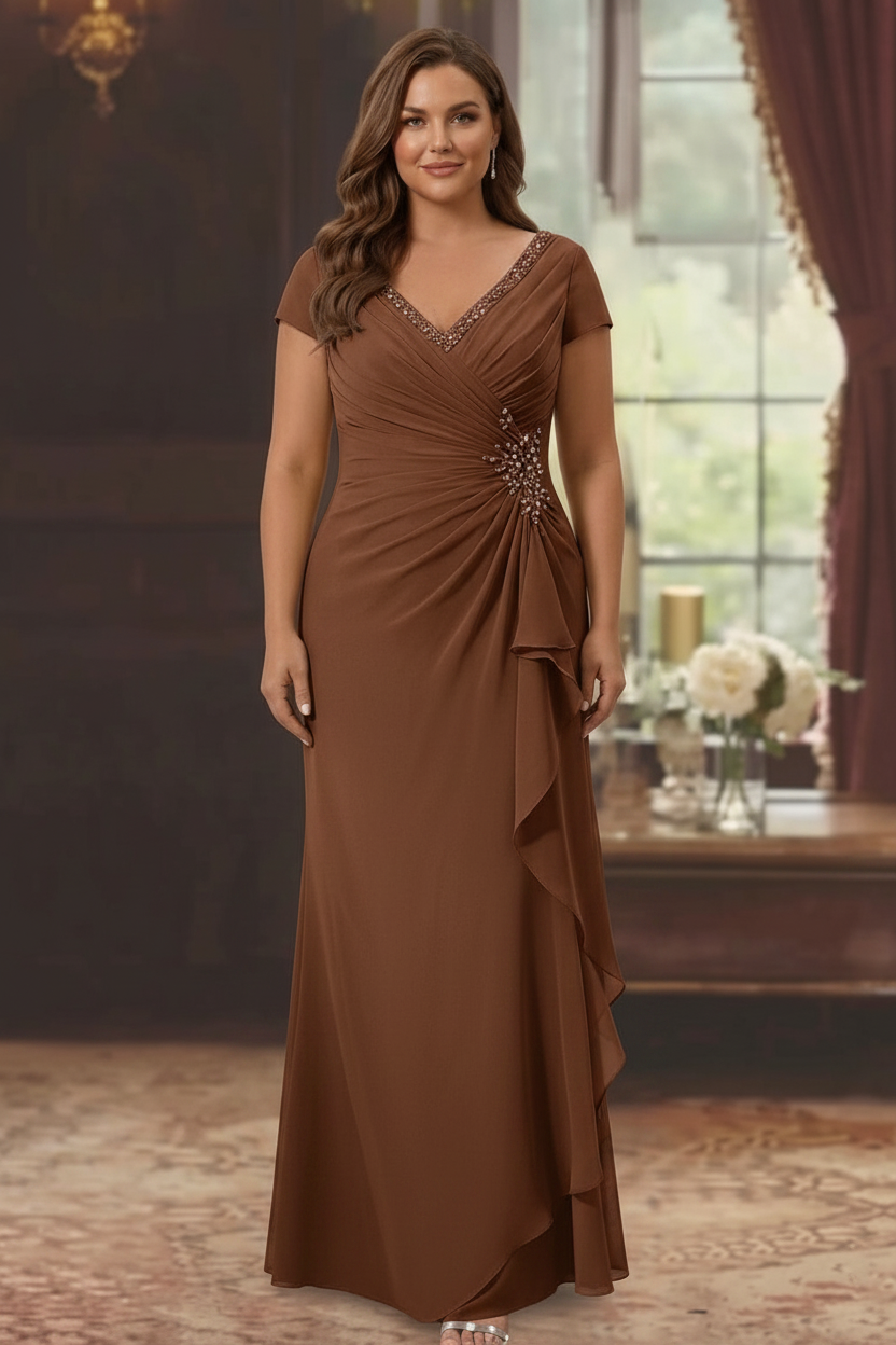 Sheath/Column V-Neck Short Sleeves Floor-Length Plus Size Mother of the Bride Dresses With Ruffles & Appliques