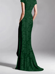 Sheath/Column V-Neck Short Sleeves Floor-Length Rose Lace Applique Mother of the Bride Dresses with Split Side