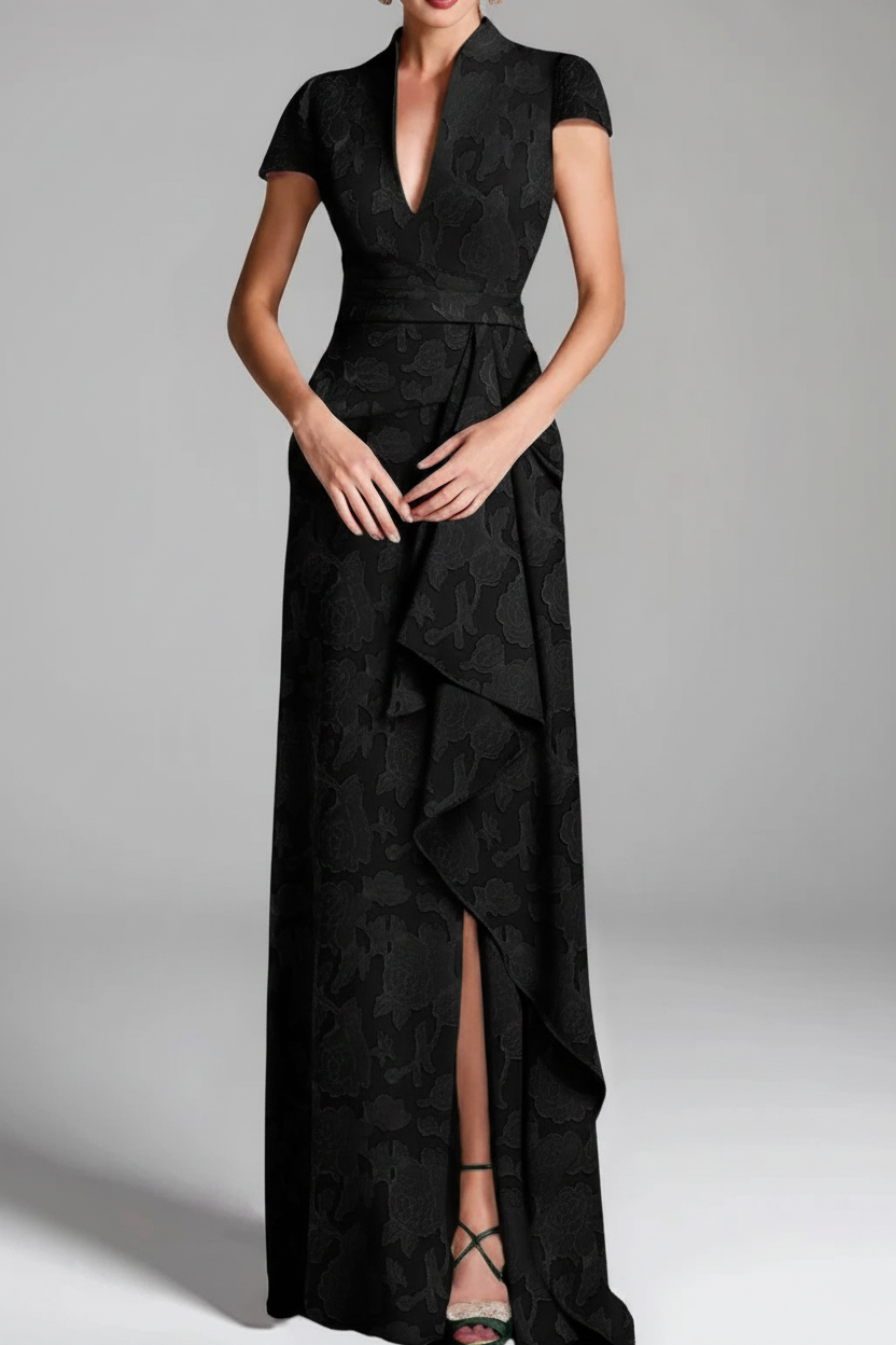 Sheath/Column V-Neck Short Sleeves Floor-Length Rose Lace Applique Mother of the Bride Dresses with Split Side