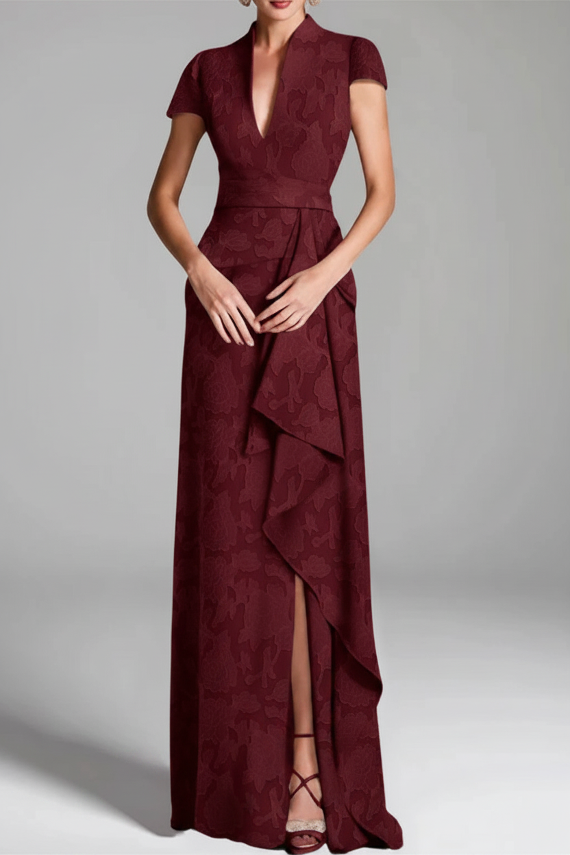 Sheath/Column V-Neck Short Sleeves Floor-Length Rose Lace Applique Mother of the Bride Dresses with Split Side