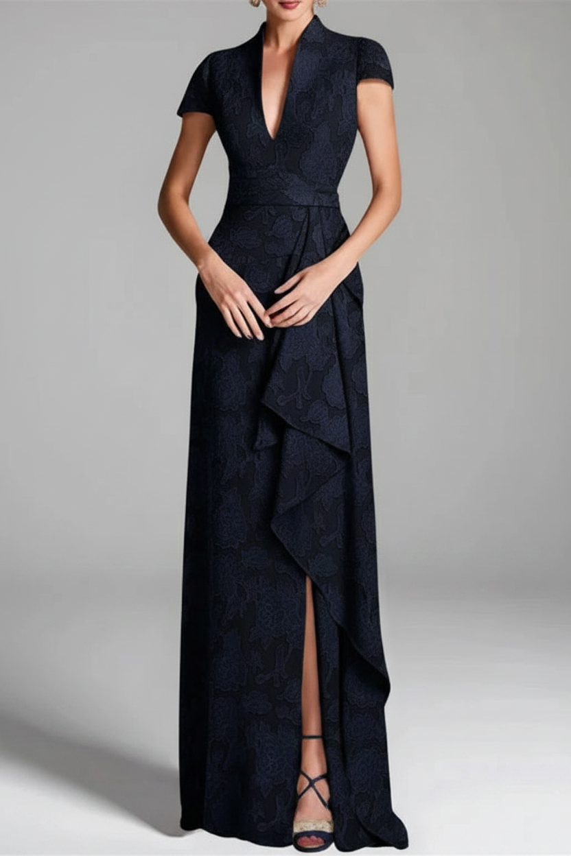 Sheath/Column V-Neck Short Sleeves Floor-Length Rose Lace Applique Mother of the Bride Dresses with Split Side