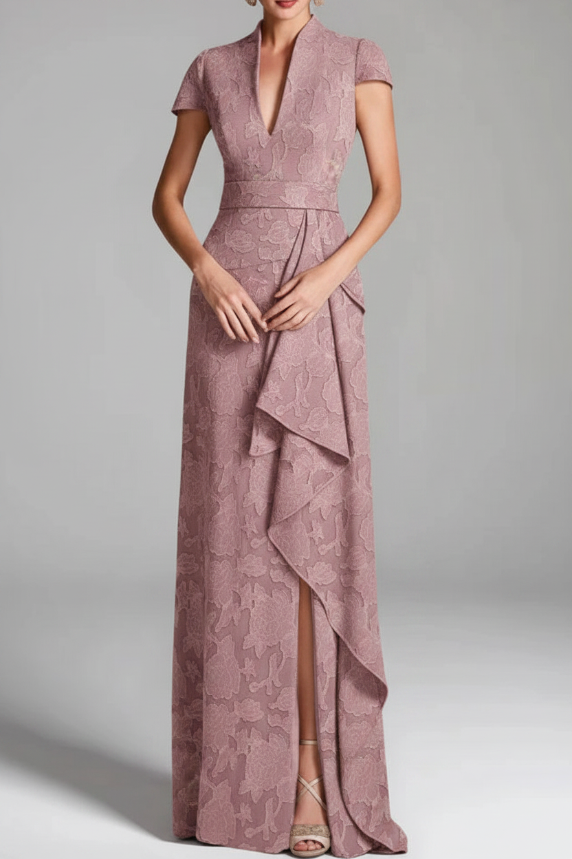 Sheath/Column V-Neck Short Sleeves Floor-Length Rose Lace Applique Mother of the Bride Dresses with Split Side