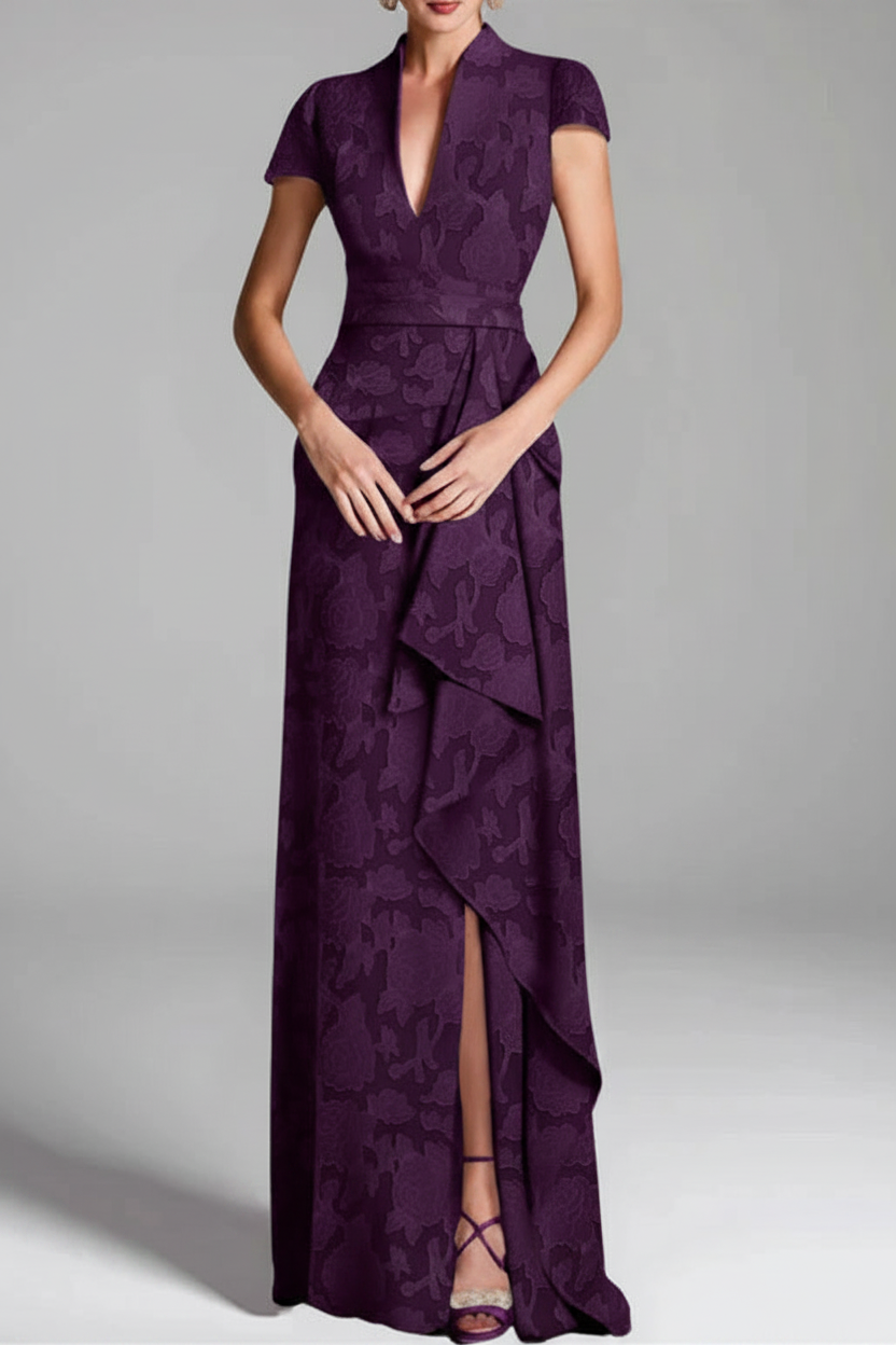 Sheath/Column V-Neck Short Sleeves Floor-Length Rose Lace Applique Mother of the Bride Dresses with Split Side