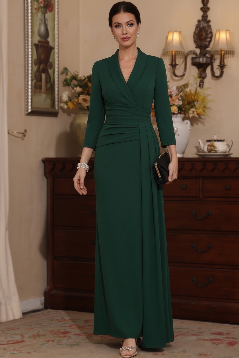 Sheath/Column V-Neck Stretch Satin Mother Of The Bride Dresses with Watteau Train 3/4 Sleeves Ankle-Length