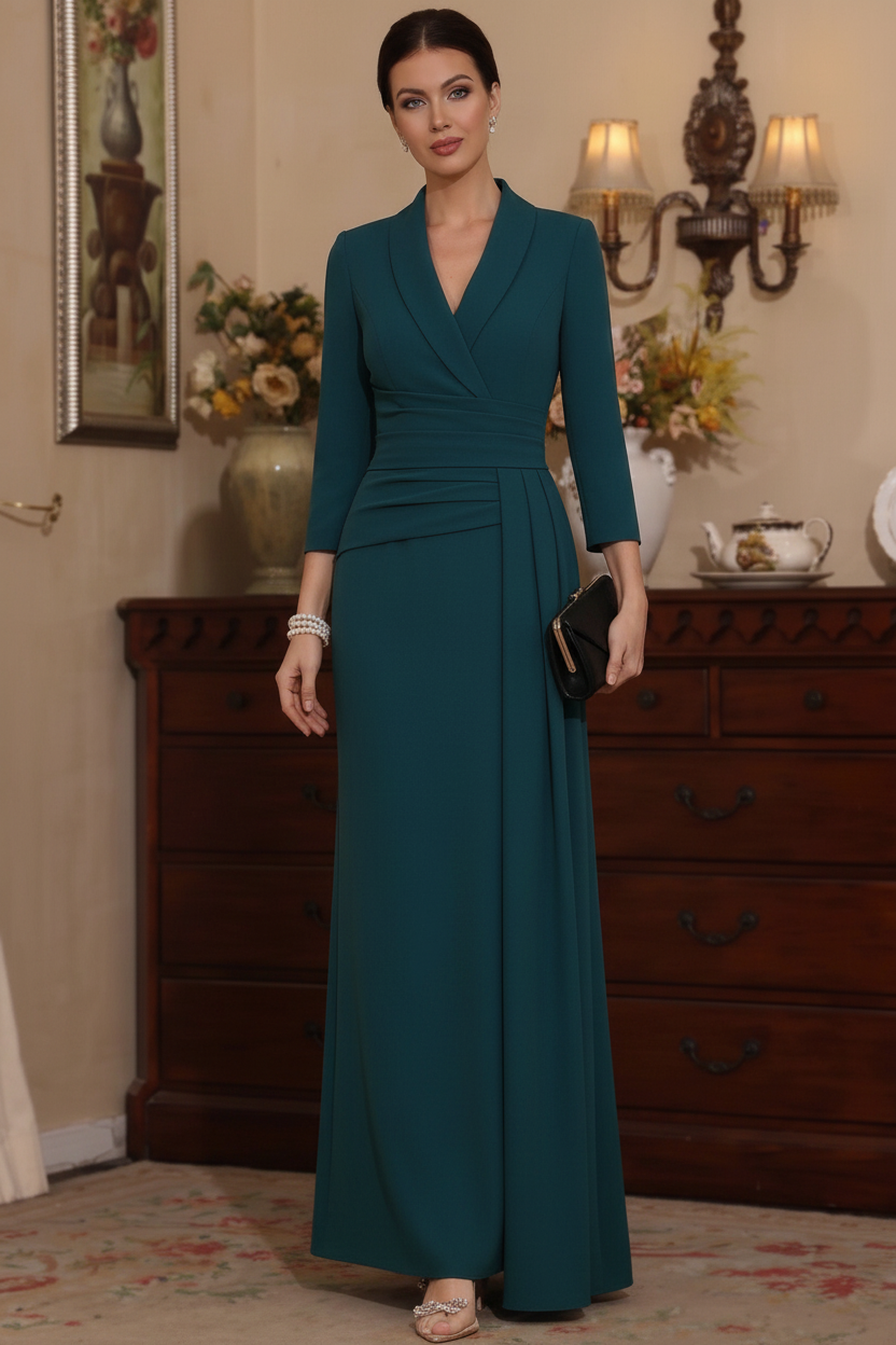 Sheath/Column V-Neck Stretch Satin Mother Of The Bride Dresses with Watteau Train 3/4 Sleeves Ankle-Length