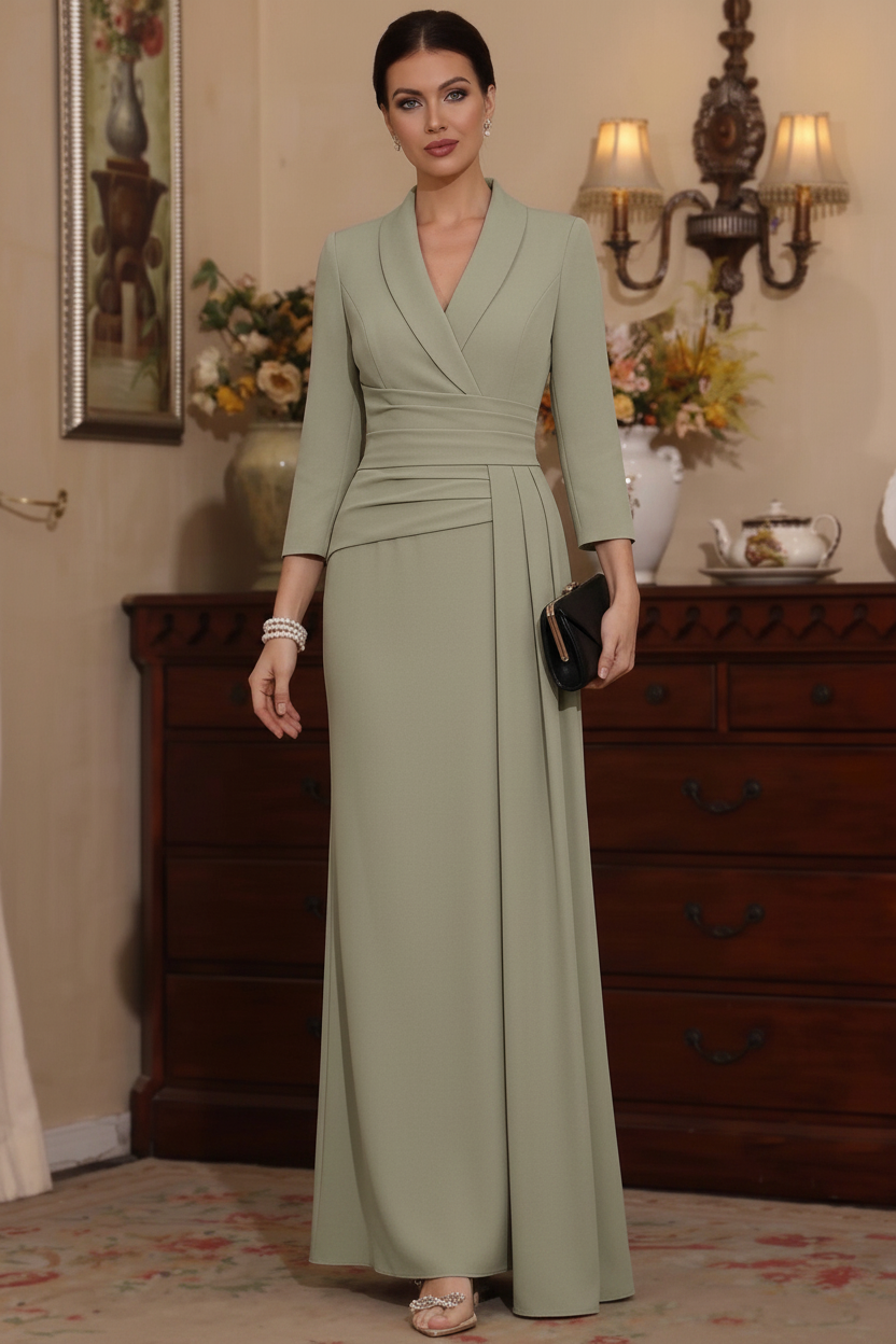 Sheath/Column V-Neck Stretch Satin Mother Of The Bride Dresses with Watteau Train 3/4 Sleeves Ankle-Length