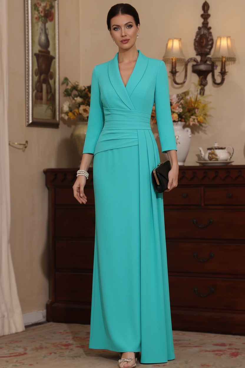 Sheath/Column V-Neck Stretch Satin Mother Of The Bride Dresses with Watteau Train 3/4 Sleeves Ankle-Length