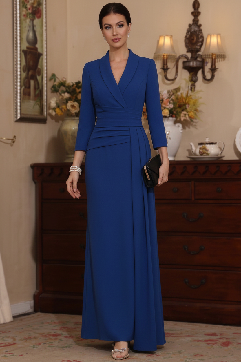 Sheath/Column V-Neck Stretch Satin Mother Of The Bride Dresses with Watteau Train 3/4 Sleeves Ankle-Length