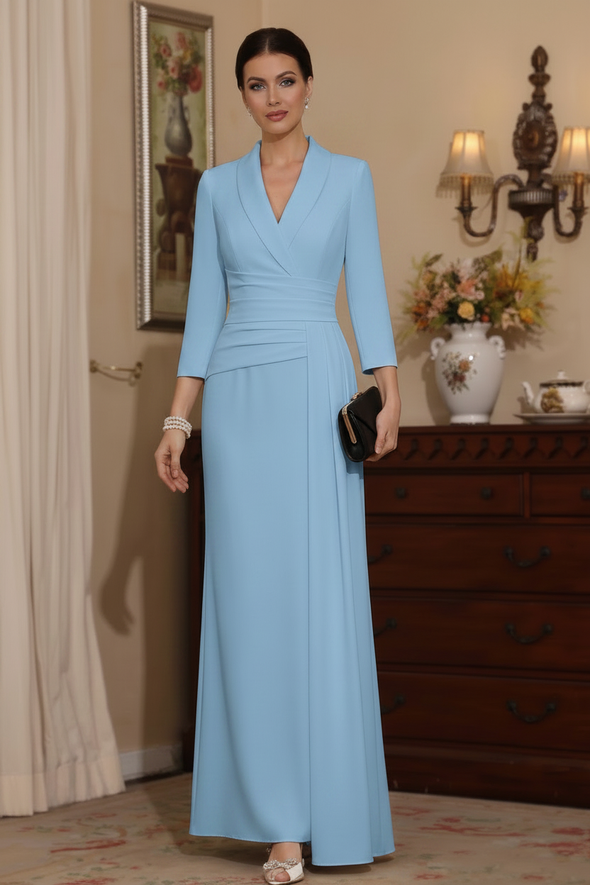 Sheath/Column V-Neck Stretch Satin Mother Of The Bride Dresses with Watteau Train 3/4 Sleeves Ankle-Length