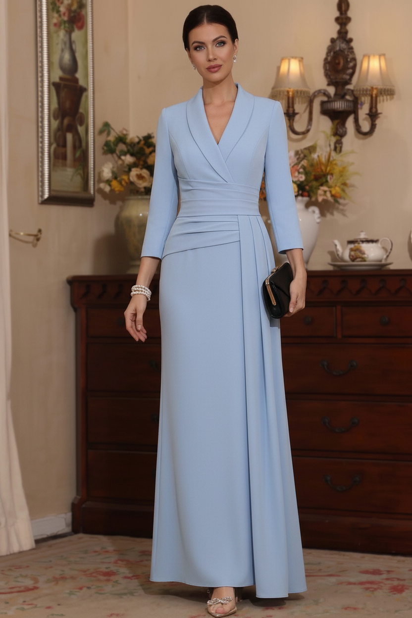 Sheath/Column V-Neck Stretch Satin Mother Of The Bride Dresses with Watteau Train 3/4 Sleeves Ankle-Length