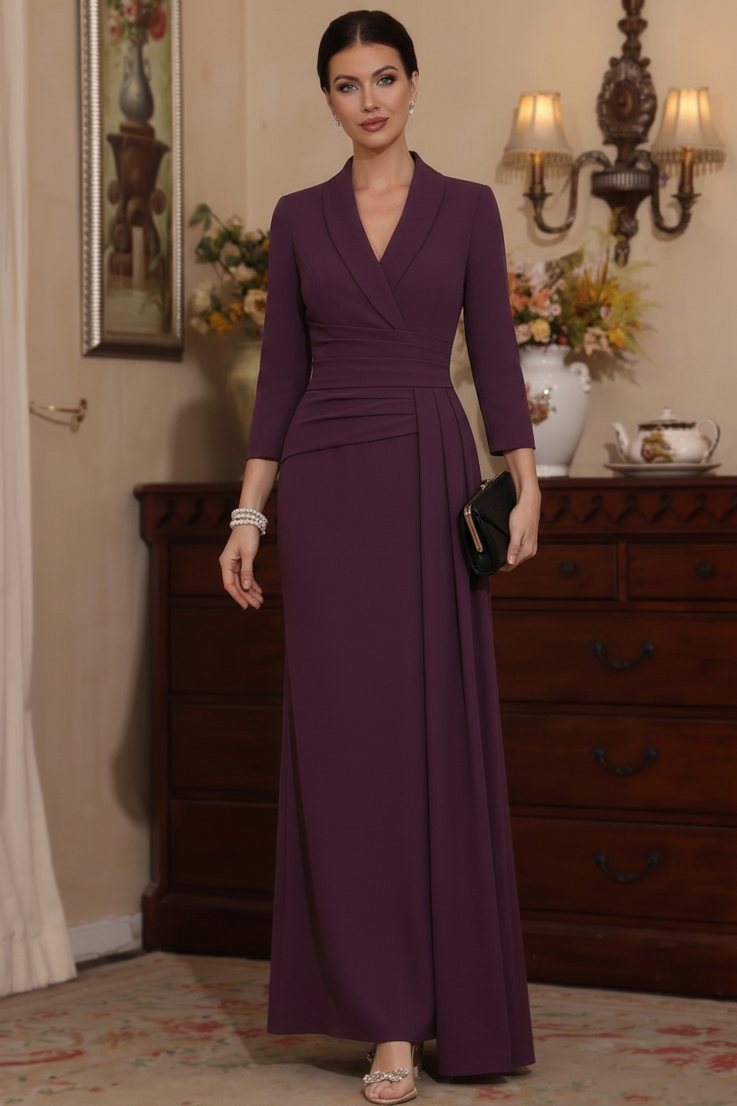 Sheath/Column V-Neck Stretch Satin Mother Of The Bride Dresses with Watteau Train 3/4 Sleeves Ankle-Length