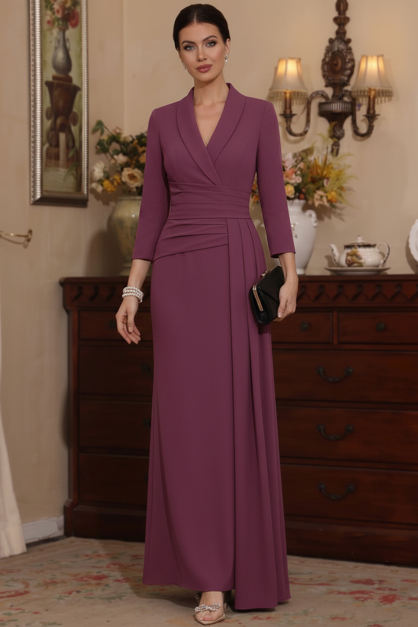 Sheath/Column V-Neck Stretch Satin Mother Of The Bride Dresses with Watteau Train 3/4 Sleeves Ankle-Length