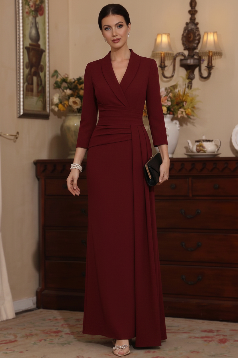 Sheath/Column V-Neck Stretch Satin Mother Of The Bride Dresses with Watteau Train 3/4 Sleeves Ankle-Length