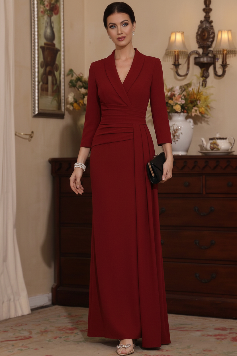 Sheath/Column V-Neck Stretch Satin Mother Of The Bride Dresses with Watteau Train 3/4 Sleeves Ankle-Length