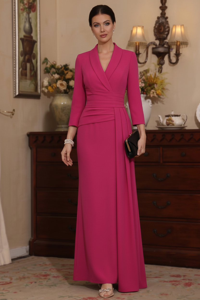 Sheath/Column V-Neck Stretch Satin Mother Of The Bride Dresses with Watteau Train 3/4 Sleeves Ankle-Length