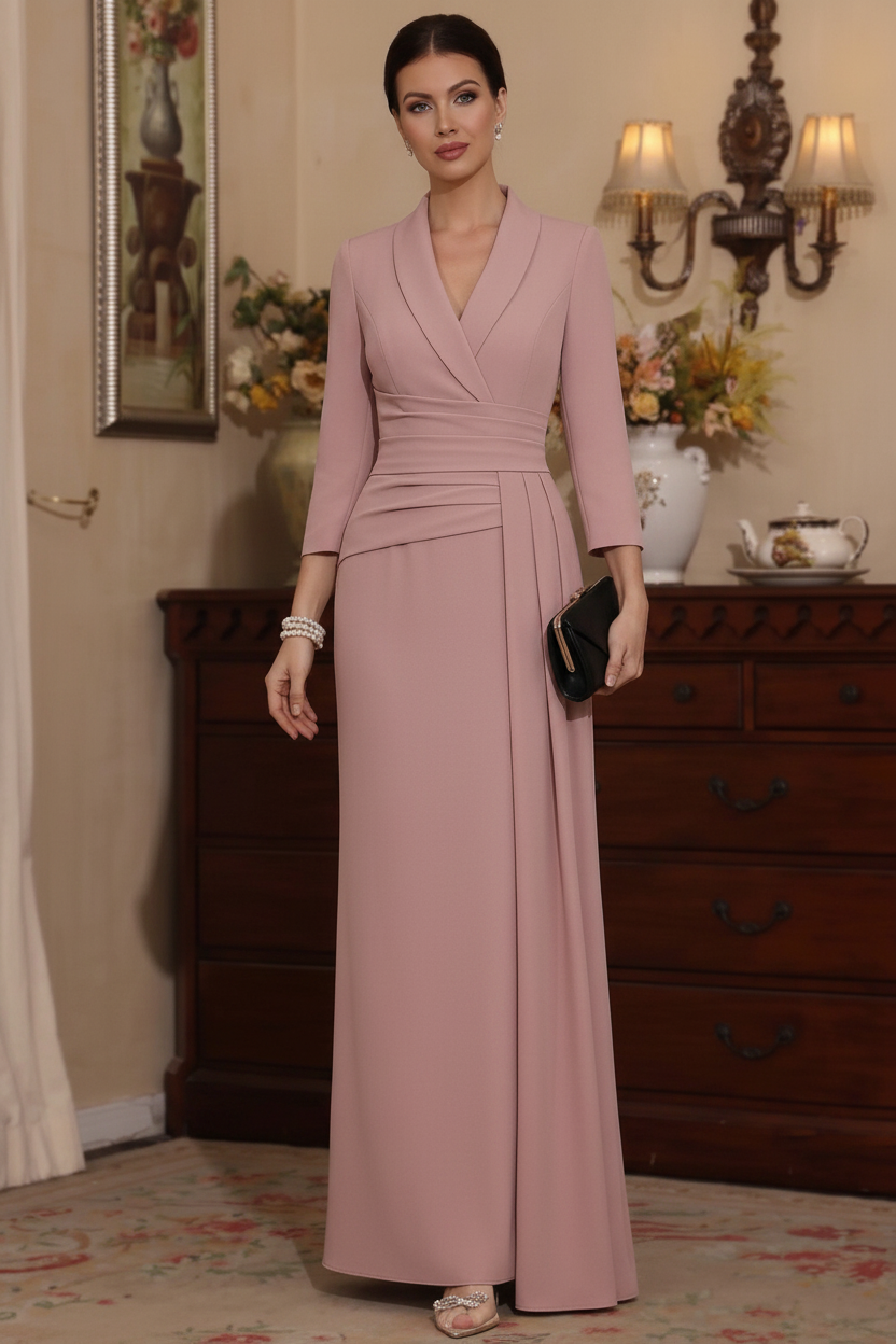 Sheath/Column V-Neck Stretch Satin Mother Of The Bride Dresses with Watteau Train 3/4 Sleeves Ankle-Length