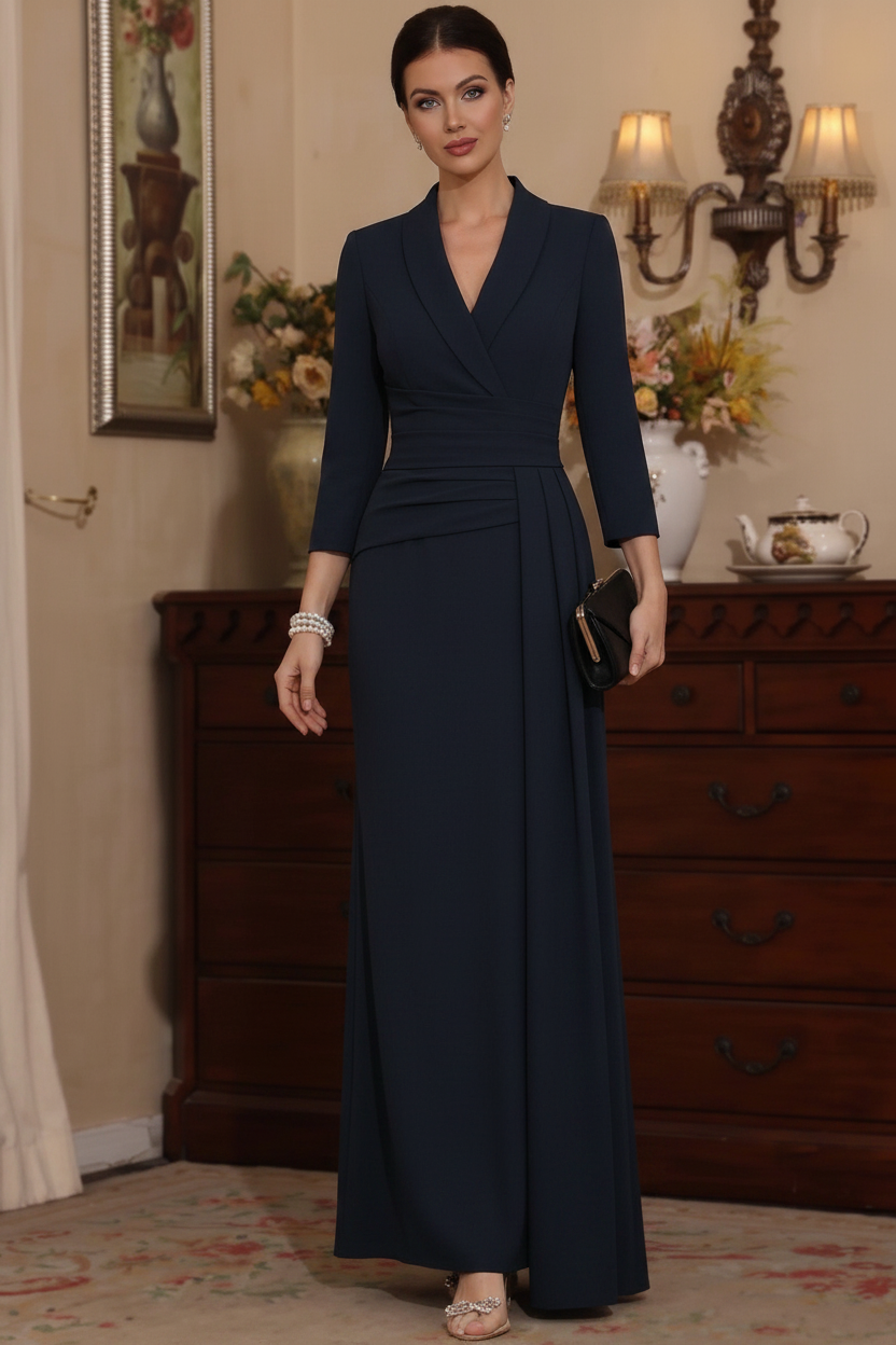 Sheath/Column V-Neck Stretch Satin Mother Of The Bride Dresses with Watteau Train 3/4 Sleeves Ankle-Length