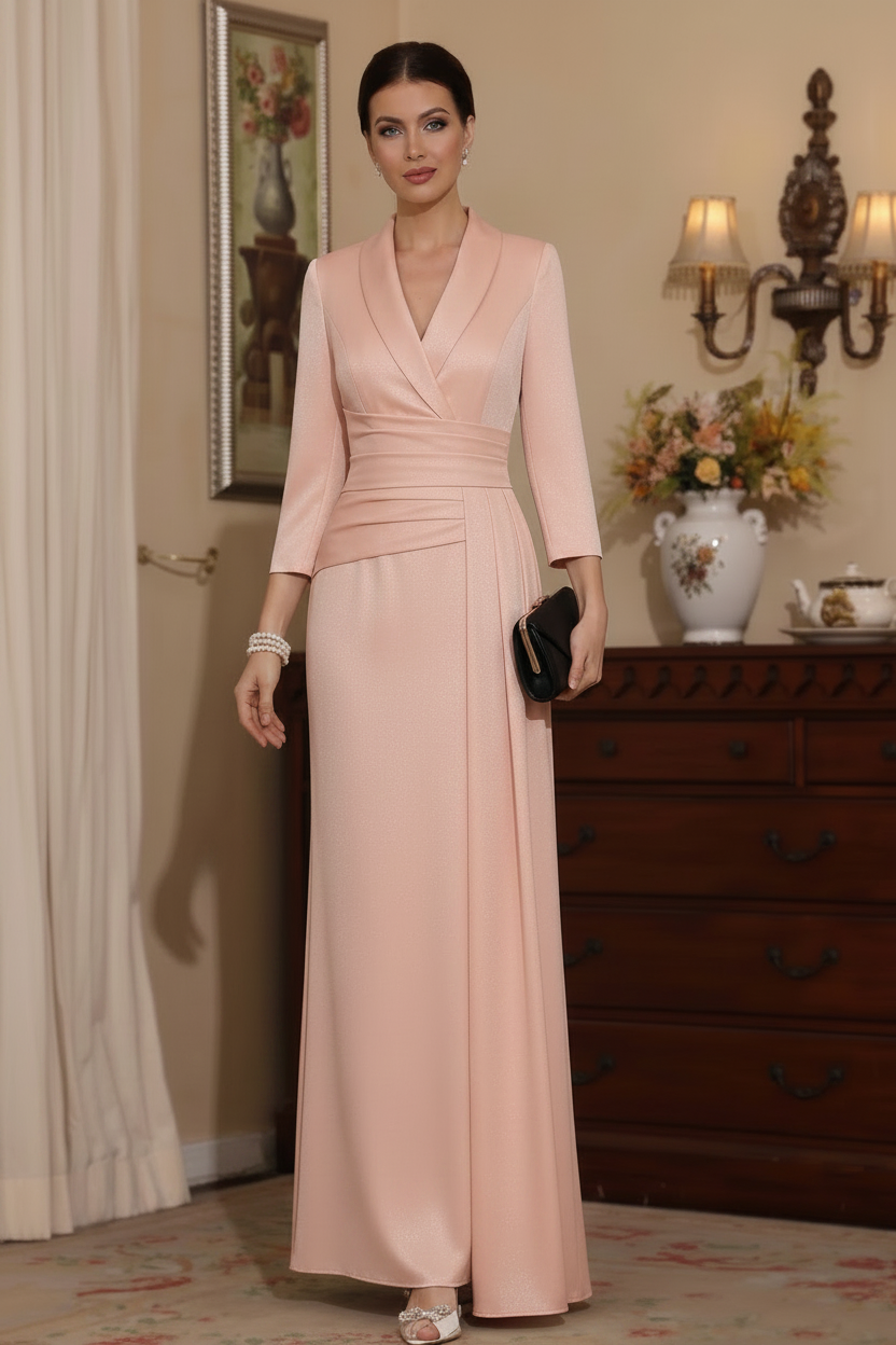 Sheath/Column V-Neck Stretch Satin Mother Of The Bride Dresses with Watteau Train 3/4 Sleeves Ankle-Length
