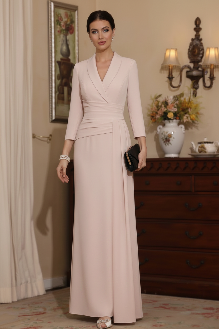 Sheath/Column V-Neck Stretch Satin Mother Of The Bride Dresses with Watteau Train 3/4 Sleeves Ankle-Length