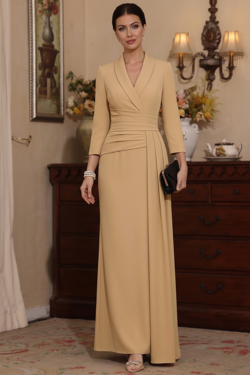 Sheath/Column V-Neck Stretch Satin Mother Of The Bride Dresses with Watteau Train 3/4 Sleeves Ankle-Length