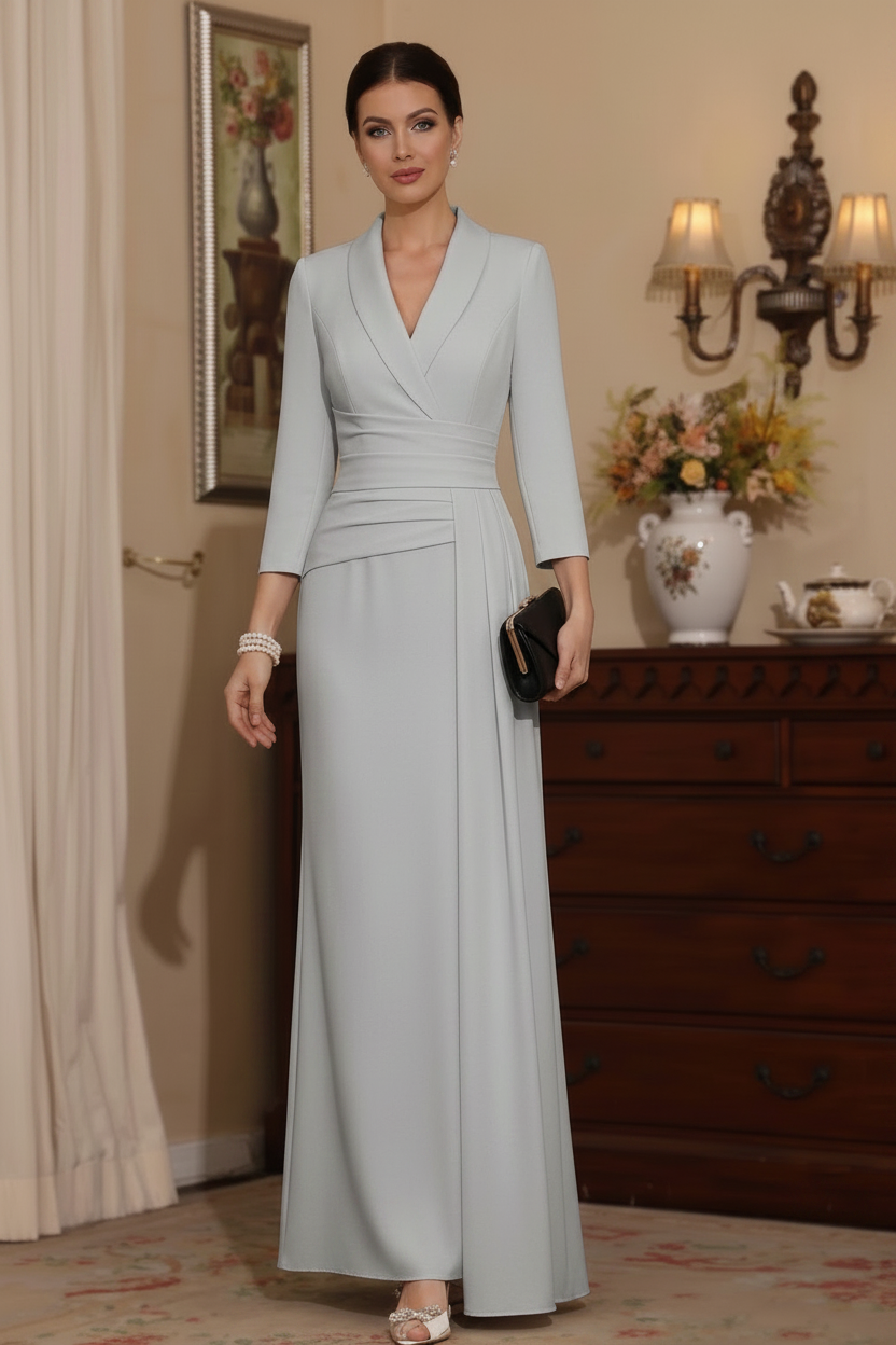 Sheath/Column V-Neck Stretch Satin Mother Of The Bride Dresses with Watteau Train 3/4 Sleeves Ankle-Length