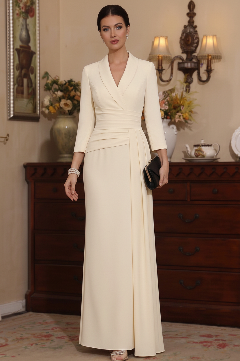 Sheath/Column V-Neck Stretch Satin Mother Of The Bride Dresses with Watteau Train 3/4 Sleeves Ankle-Length